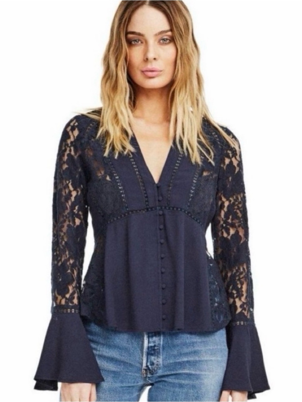 Astr Navy Lace-Sleeve V-Neck Blouse with Button Front